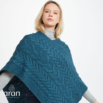 Super Soft Merino Wool Triangular Aran Cable Knit Design Poncho, Blue Colour